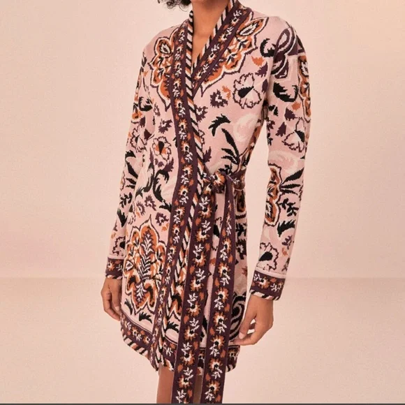 FARM RIO Glam Tapestry Knit Wrap Floral Sweater Mini Dress Cardigan Small New - Picture 2 of 16